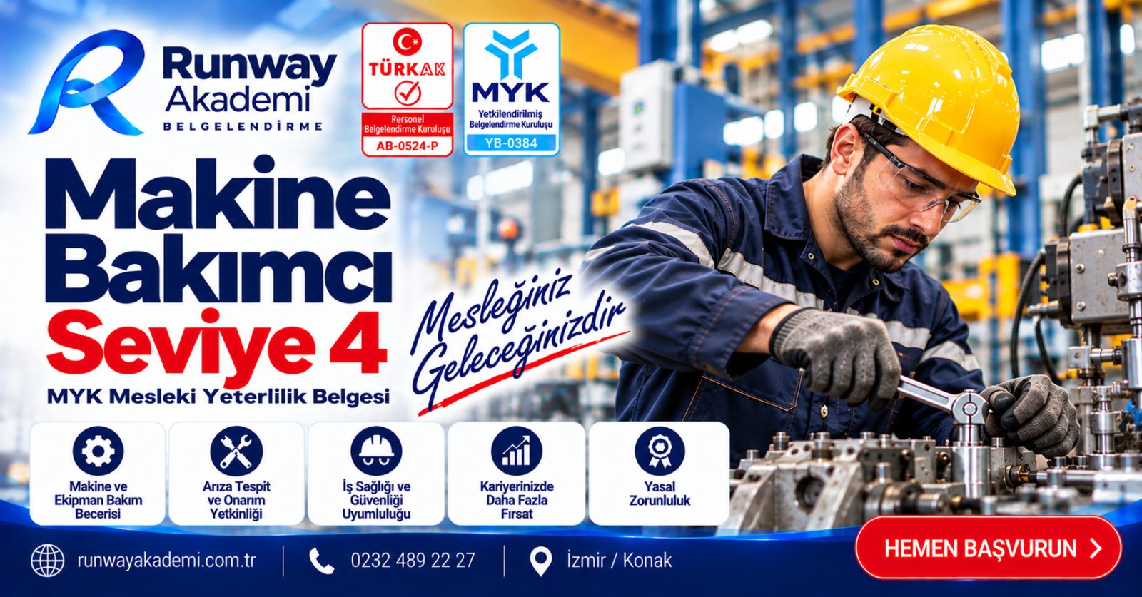 Runway Akademi Makine Bakımcı Seviye 4 MYK belgesi tanıtımı; fabrikada koruyucu gözlük, baret ve eldivenle makine bakımı yapan teknisyen.